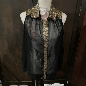 Issi Women's Shirt Sleeveless Sheer Black with Gold Sequiins Size Large L